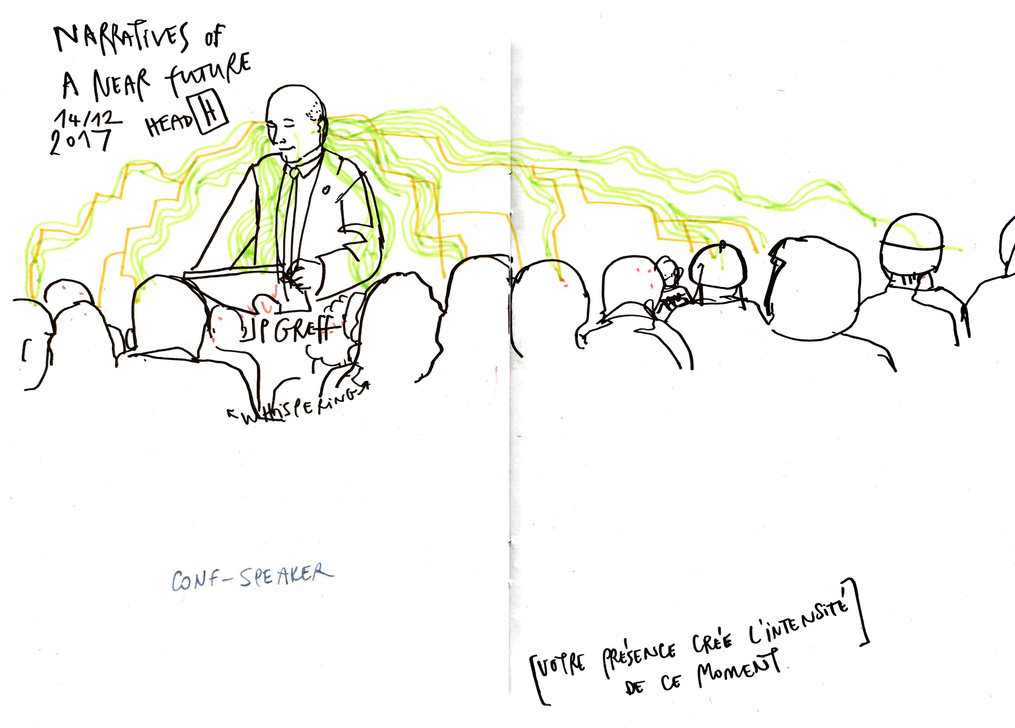 Drawing of a speaker and his audience at the conference with lines of attention