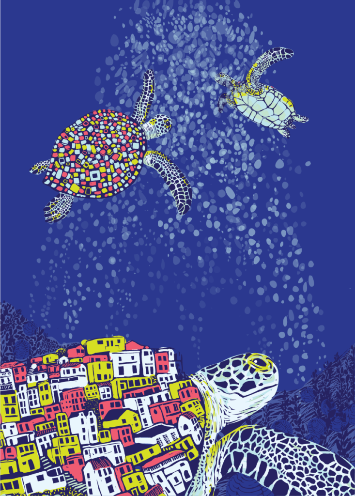 Illustration of giant sea turtles carrying entire cities on their shells underwater.