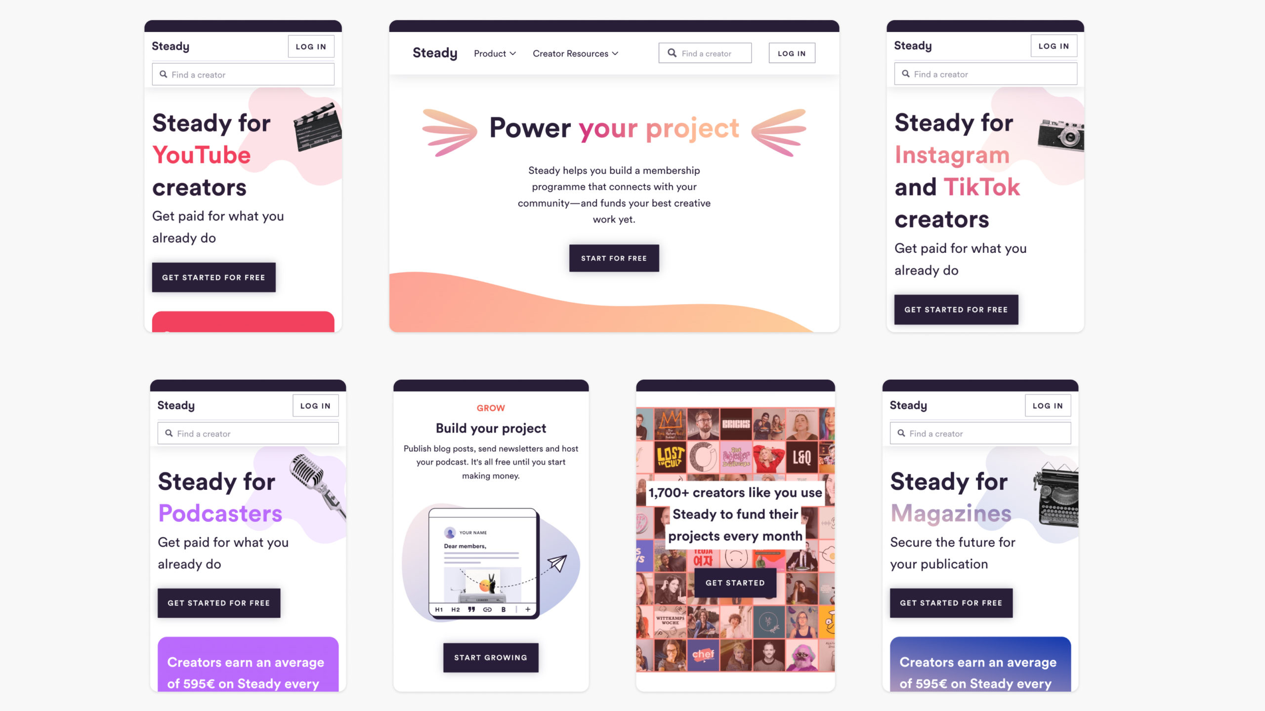 A collection of homepage sections from the steadyhq.com website