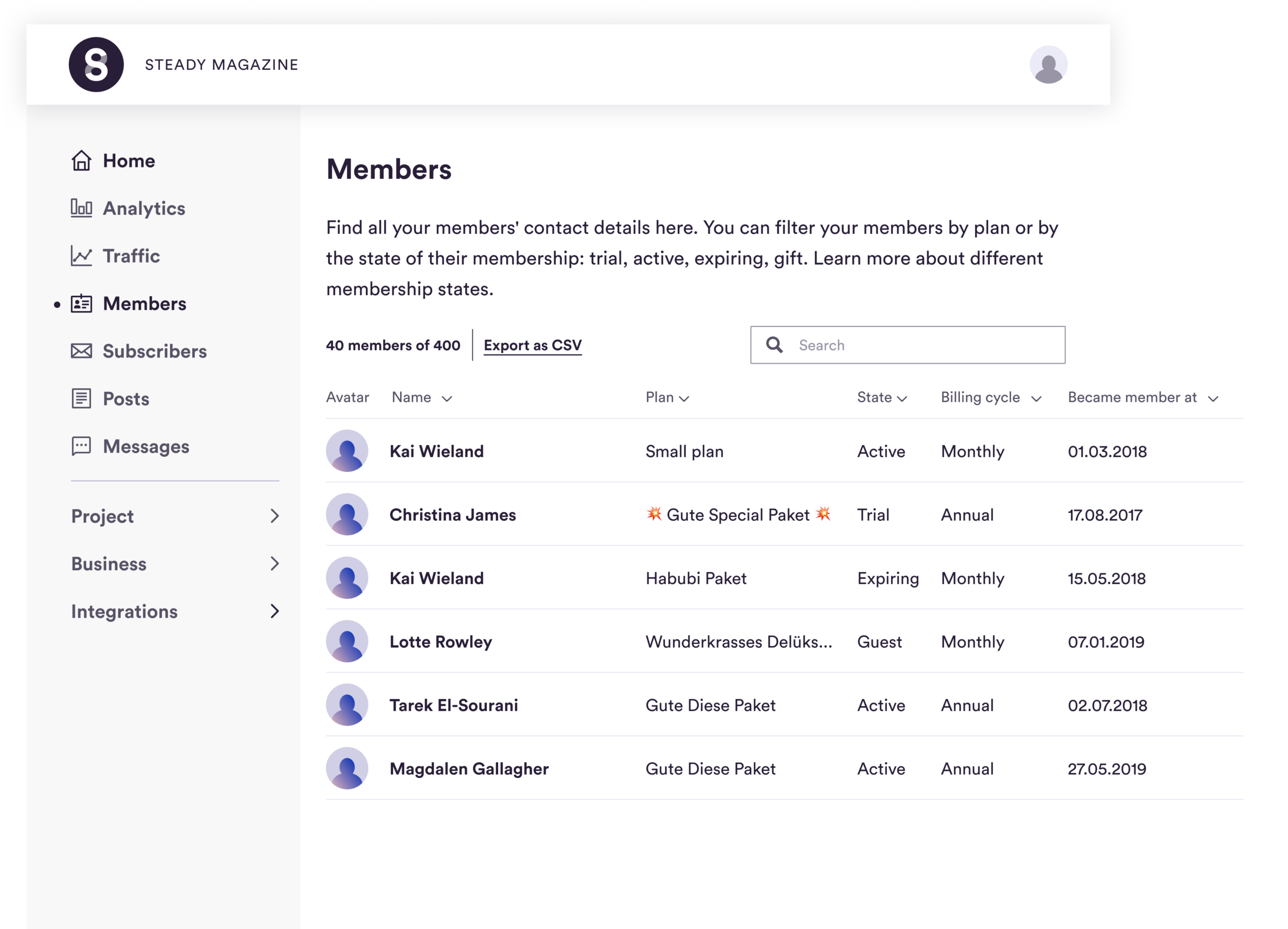 A members table product page screenshot for Steady Media